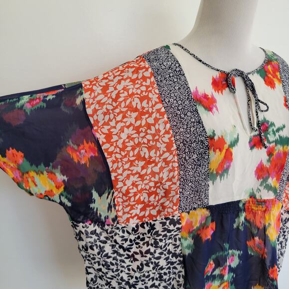 Joie Silk Patchwork Blouse Floral Boho Semi-Sheer Orange White Women Medium - Picture 6 of 11